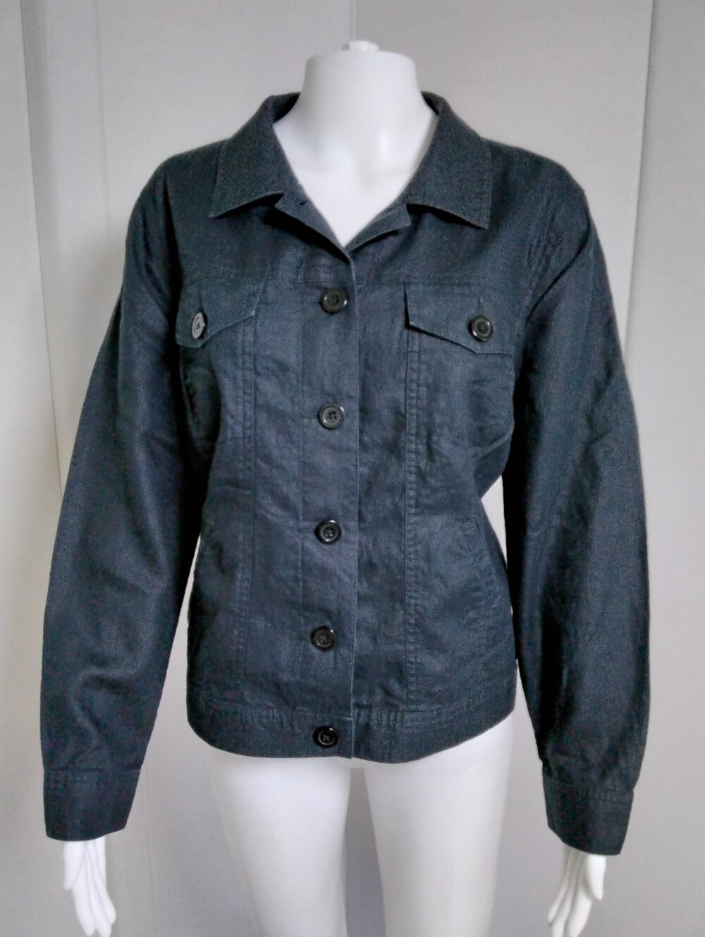 Linden Hill 100% Linen Black Button Down Utility Lagenlook Trucker Jacket Sz L